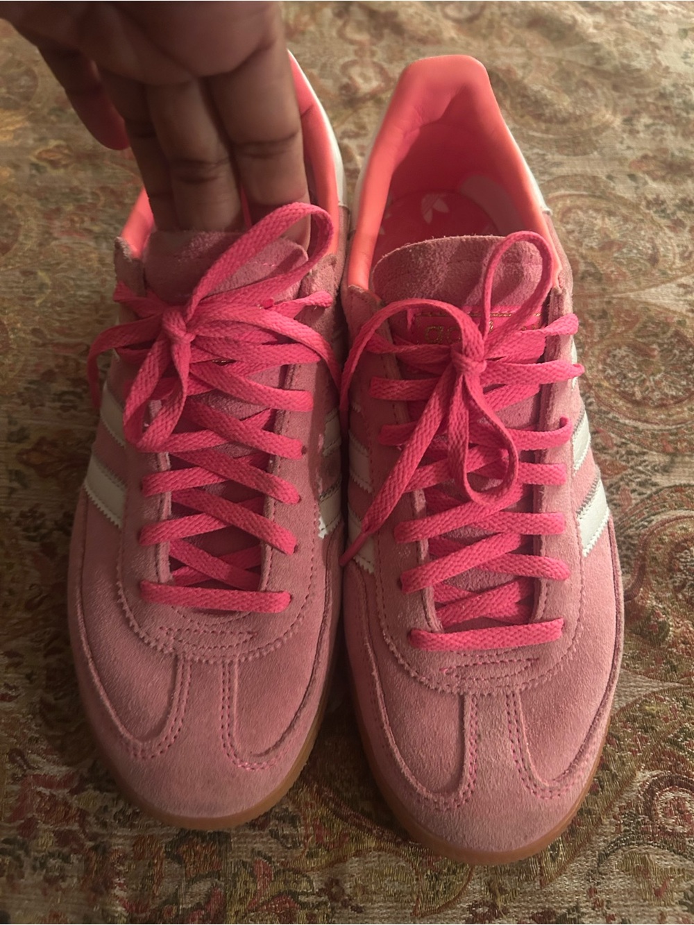 adidas Women's Pink Suede Sneakers with White Stripes